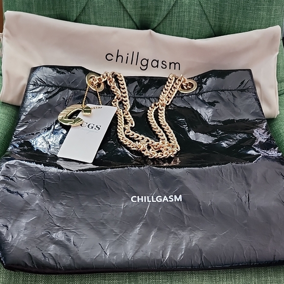 Chillgasm Black Tote Bag with Gold Chain - Picture 1 of 3